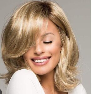 Ombre Blonde flipped Synthetic Wig with Dark Roots Bangs